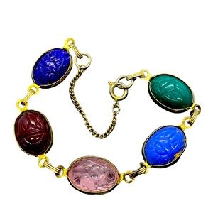Vintage scarab beetle stone cabochon gold tone bracelet for repair
